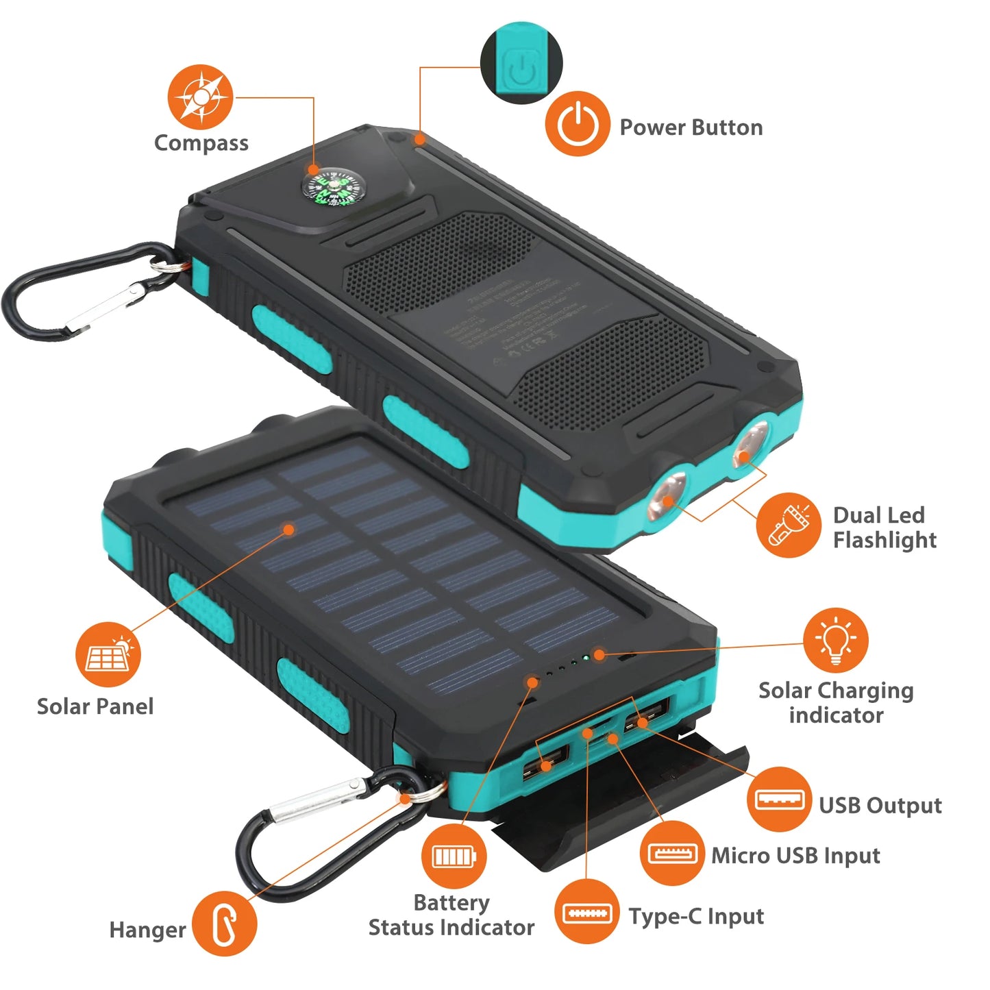 Waterproof 20000mAh Solar Power Bank With Led Flashlight And Compass