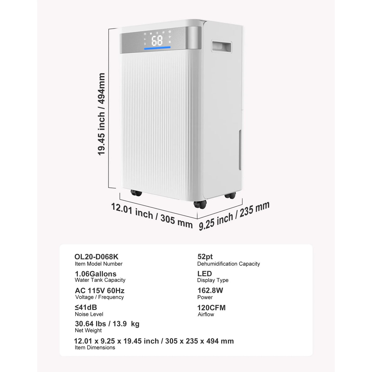 SucceBuy 52 Pint Smart Dehumidifier with Drain Hose Low Noise
