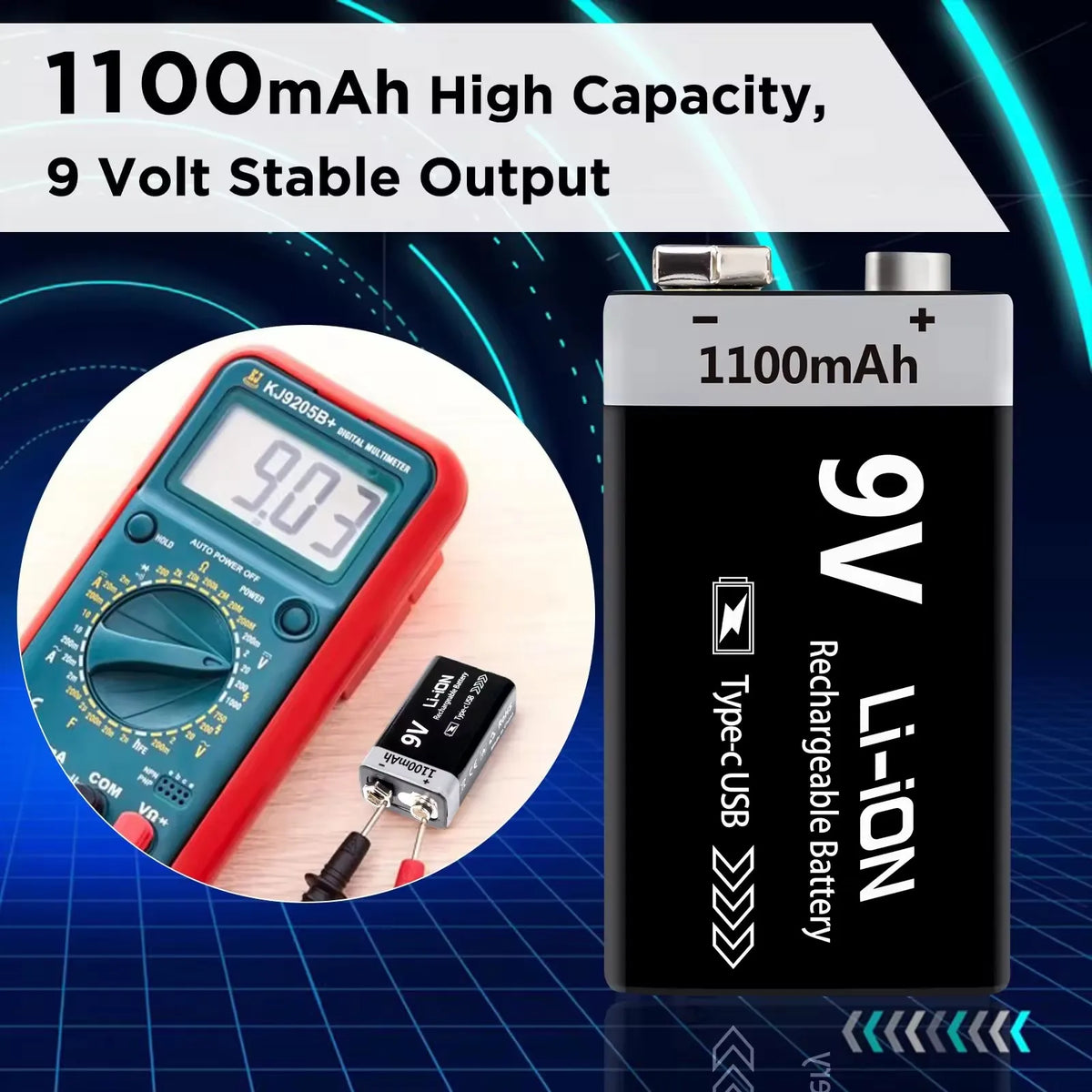 Kuugro 9V Rechargeable Battery 1100mAh With Type C Charging