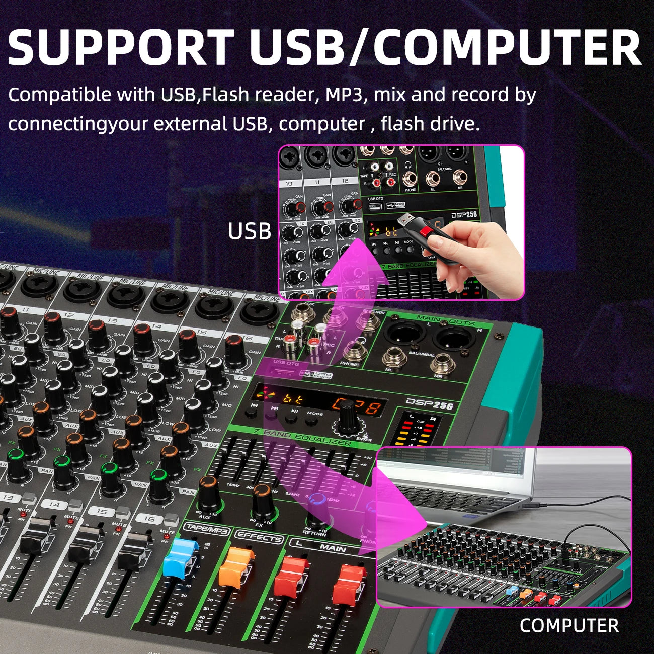 Depusheng 16 Channel USB Audio Mixer With 48V Phantom Power