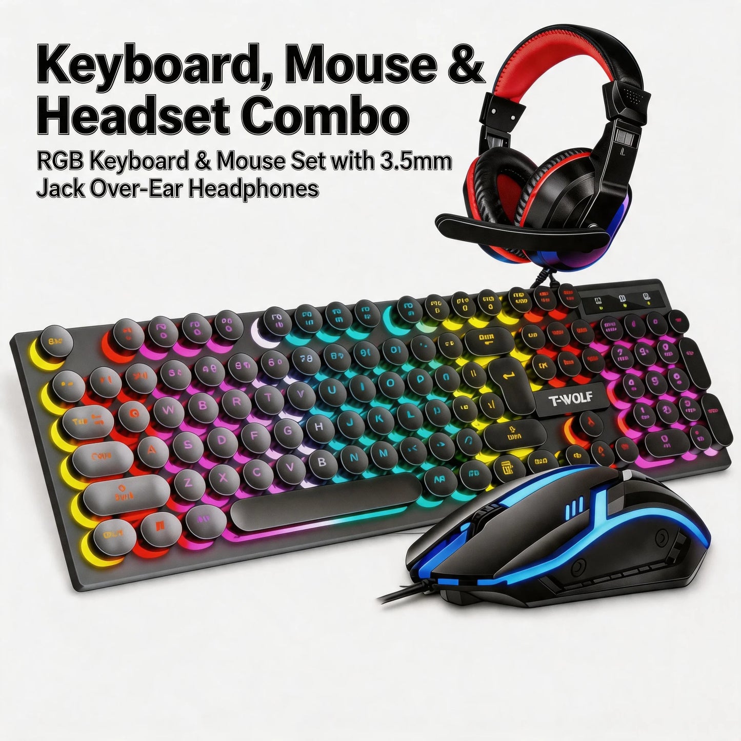 T-WOLF Wired Gaming Keyboard Mouse Headset Combo For PC