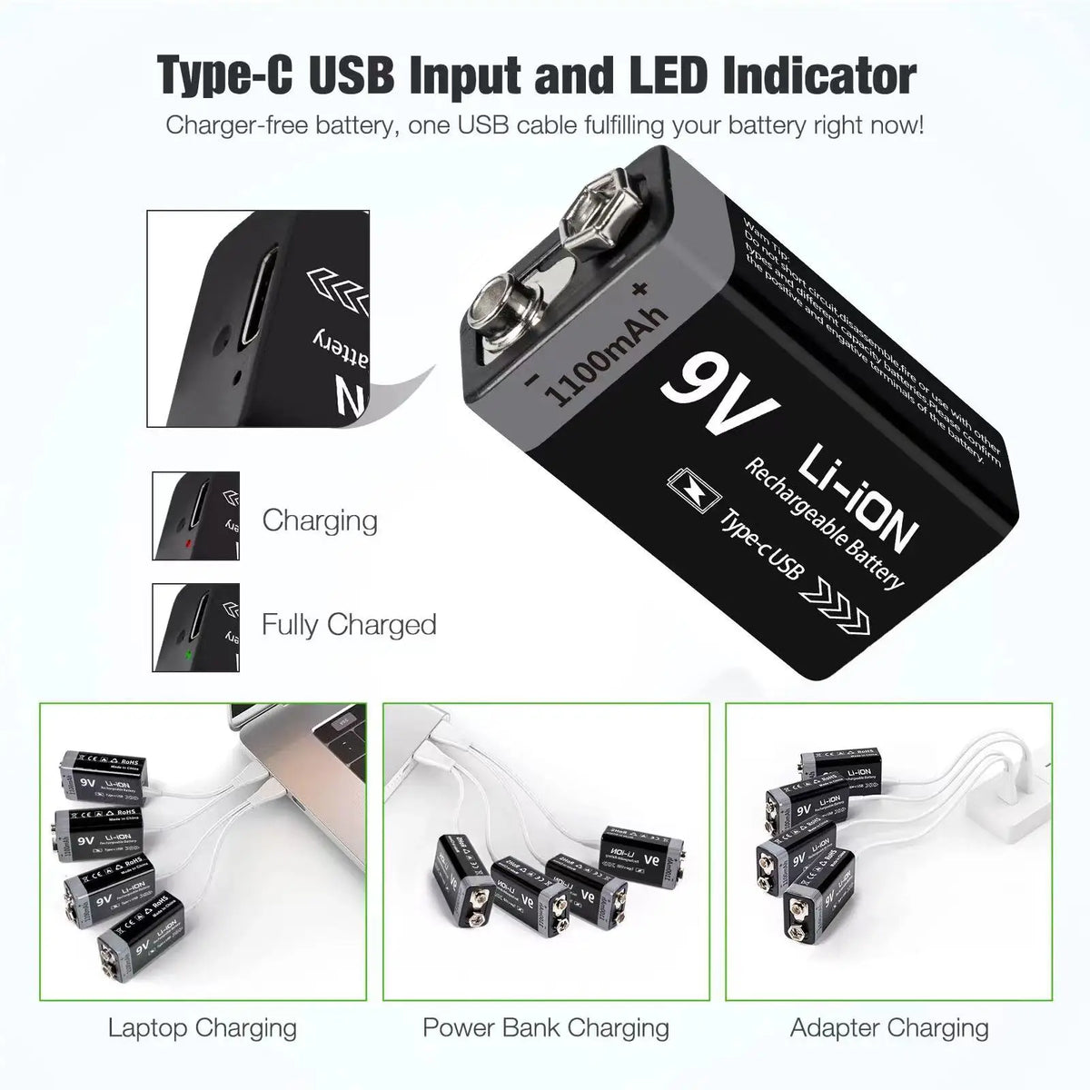 Kuugro 9V Rechargeable Battery 1100mAh With Type C Charging