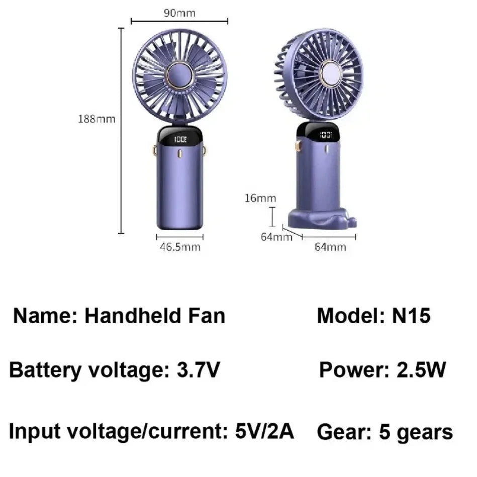 Foldable USB Rechargeable Handheld Fan With Phone Stand LED Display