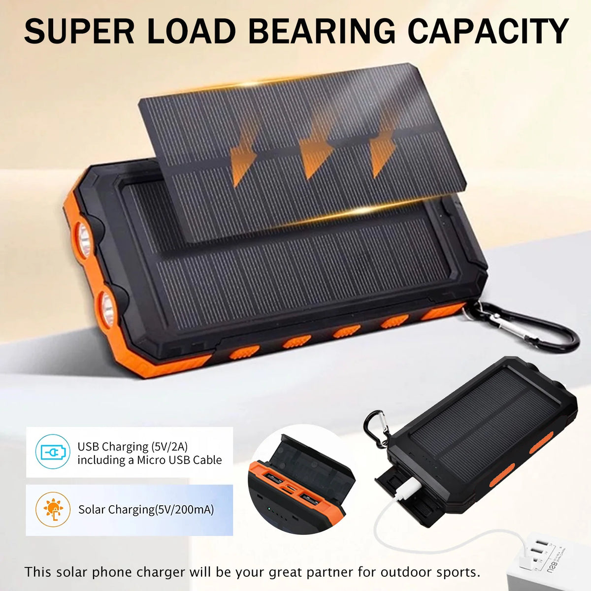 Waterproof 20000mAh Solar Power Bank With Led Flashlight And Compass