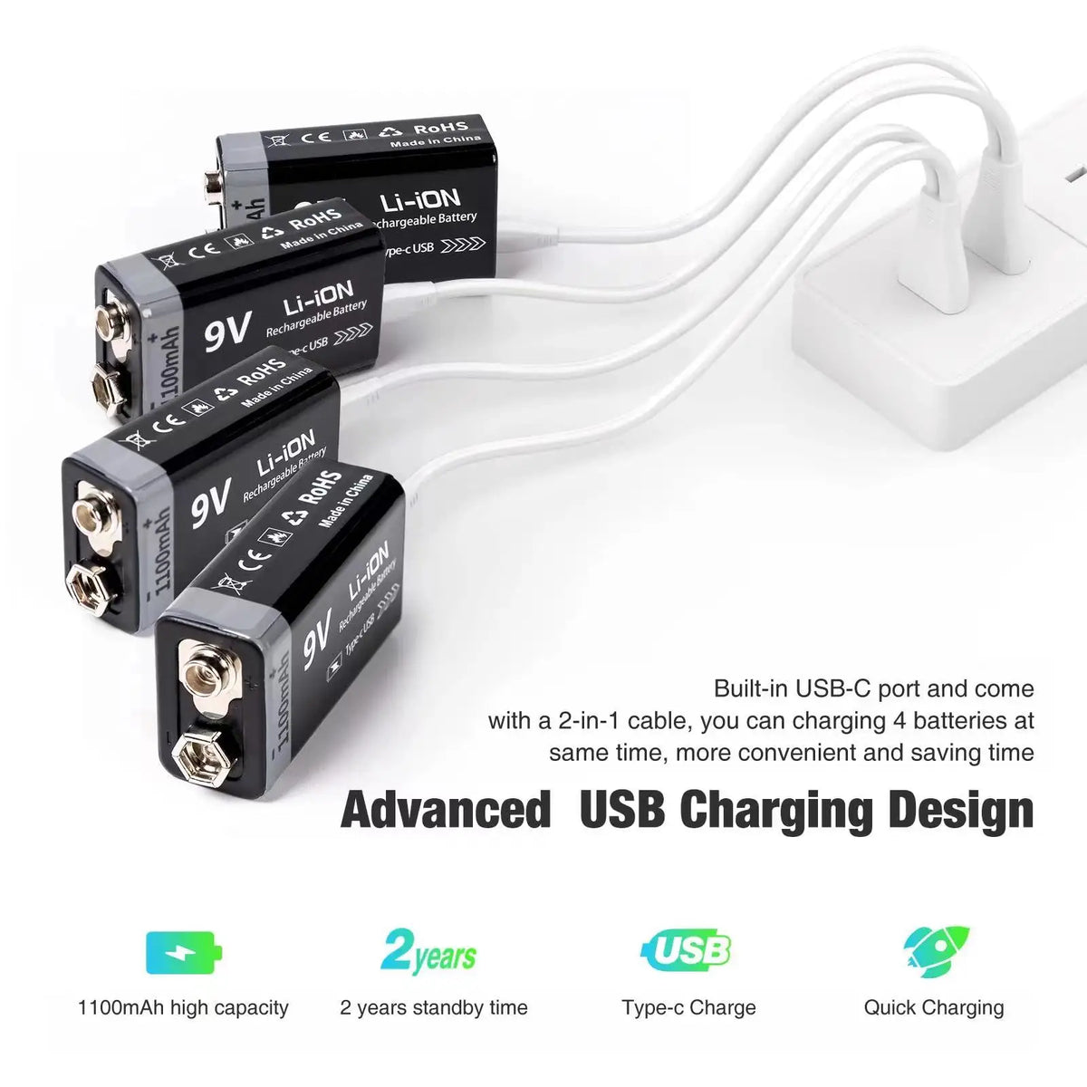 Kuugro 9V Rechargeable Battery 1100mAh With Type C Charging