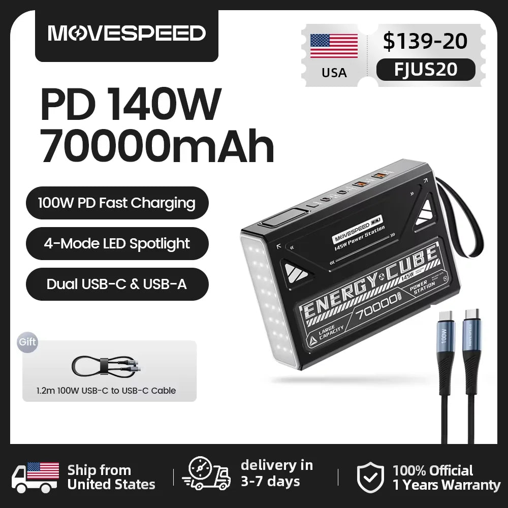 Movspeed 140W Portable Power Bank Digital Display Camping Light