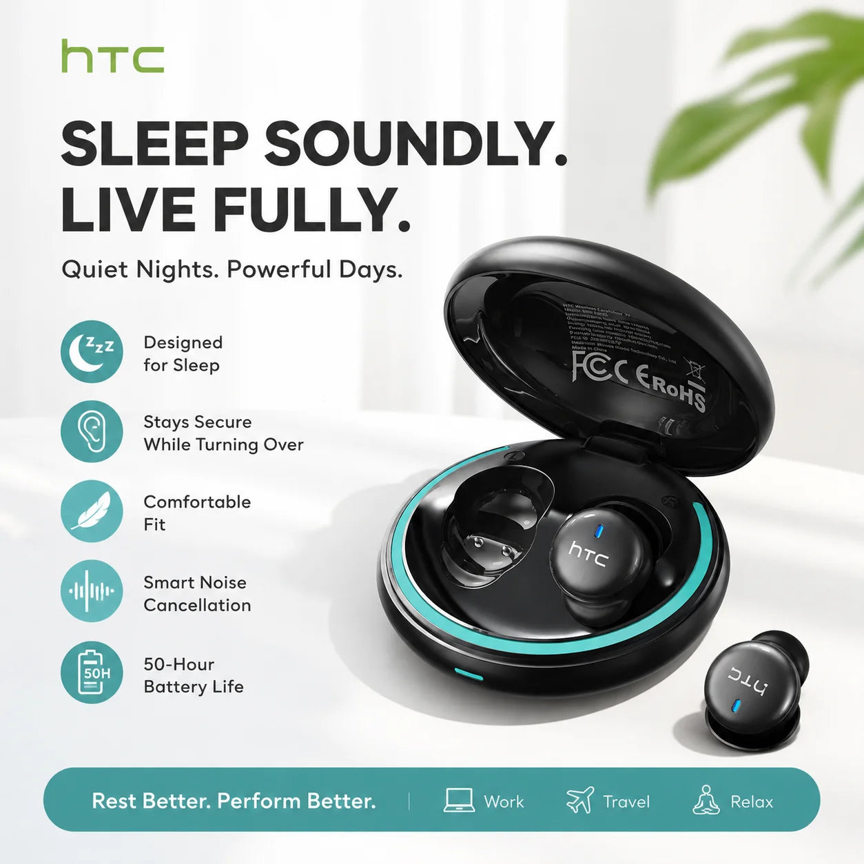 HTC Wireless Bluetooth Sleep Earbuds With Active Noise Cancellation
