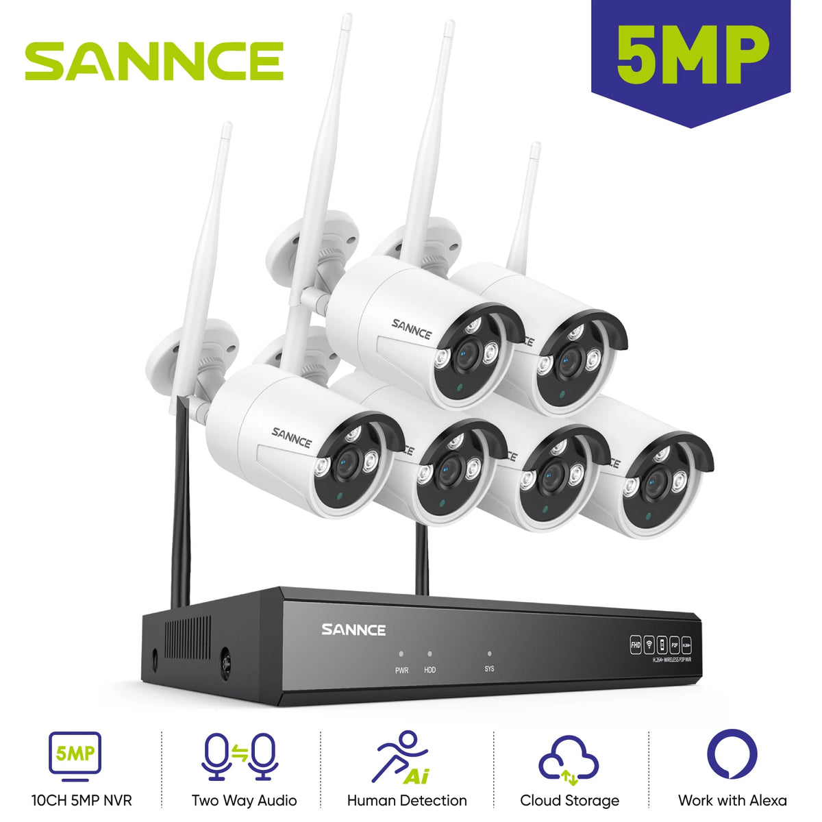 Sannce 5MP Wireless Outdoor Security Surveillance Camera Kit NVR