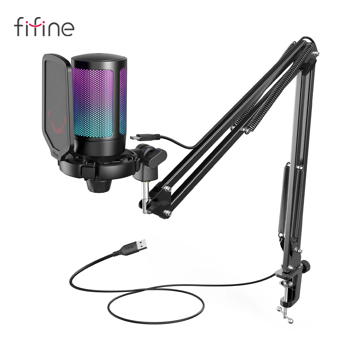 FIFINE USB Condenser Gaming Microphone Kit With RGB Stand