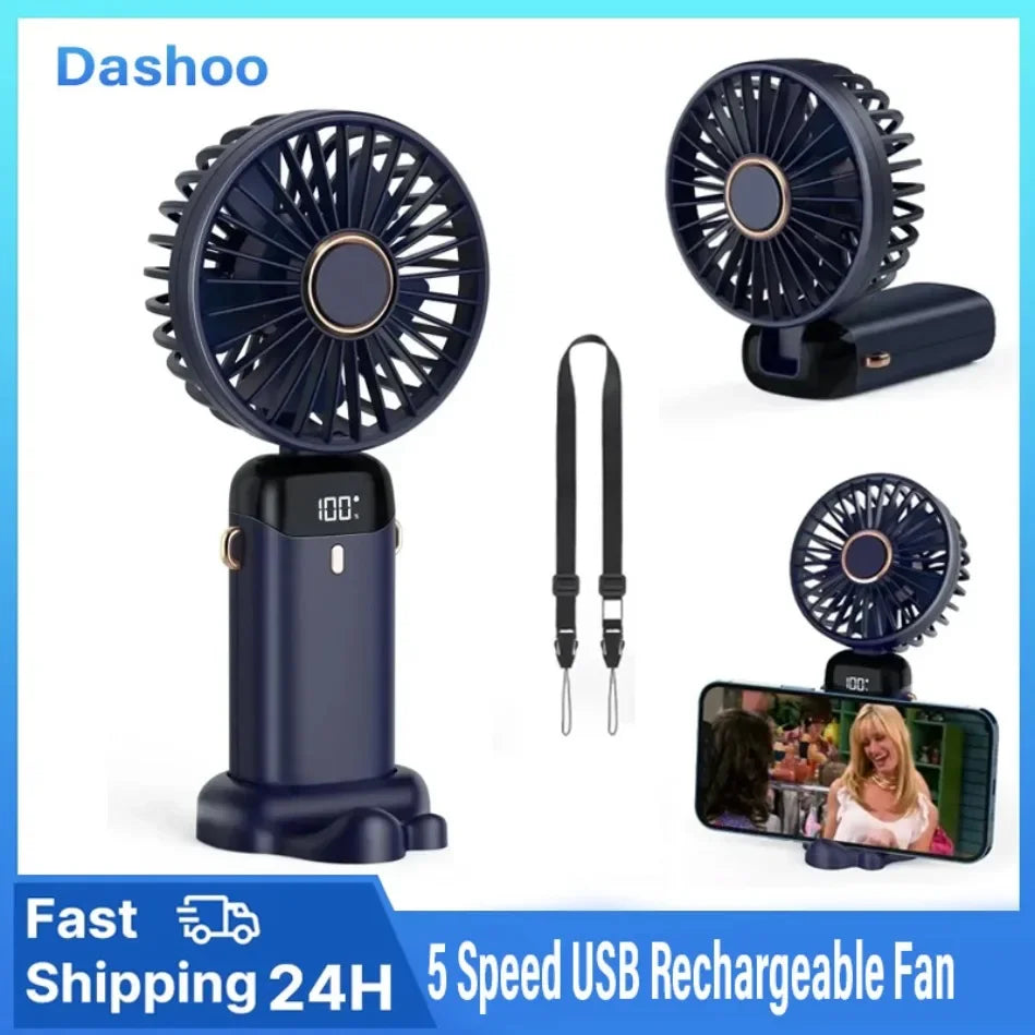Foldable USB Rechargeable Handheld Fan With Phone Stand LED Display