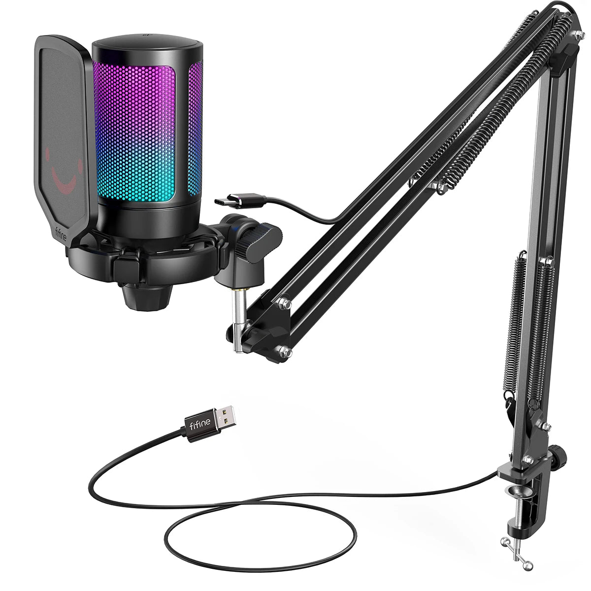 FIFINE USB Condenser Gaming Microphone Kit With RGB Stand