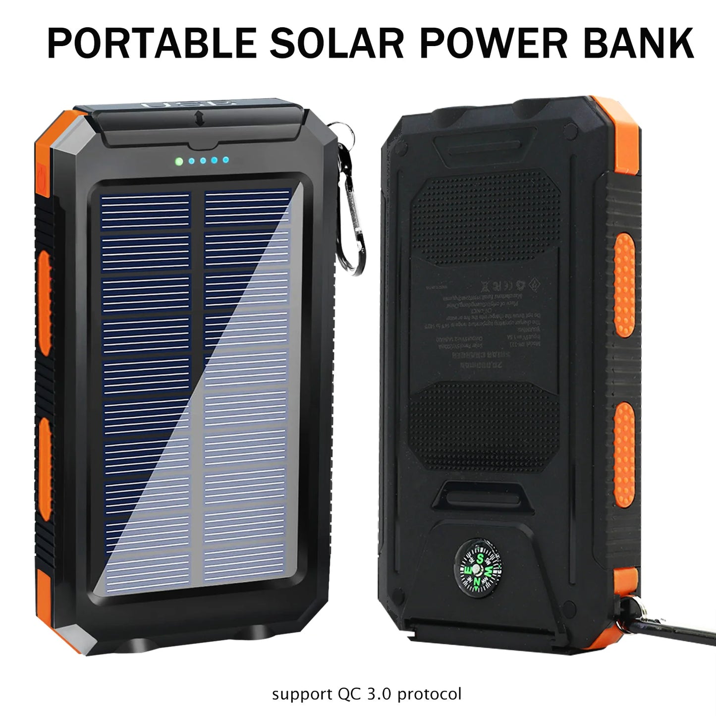 Waterproof 20000mAh Solar Power Bank With Led Flashlight And Compass