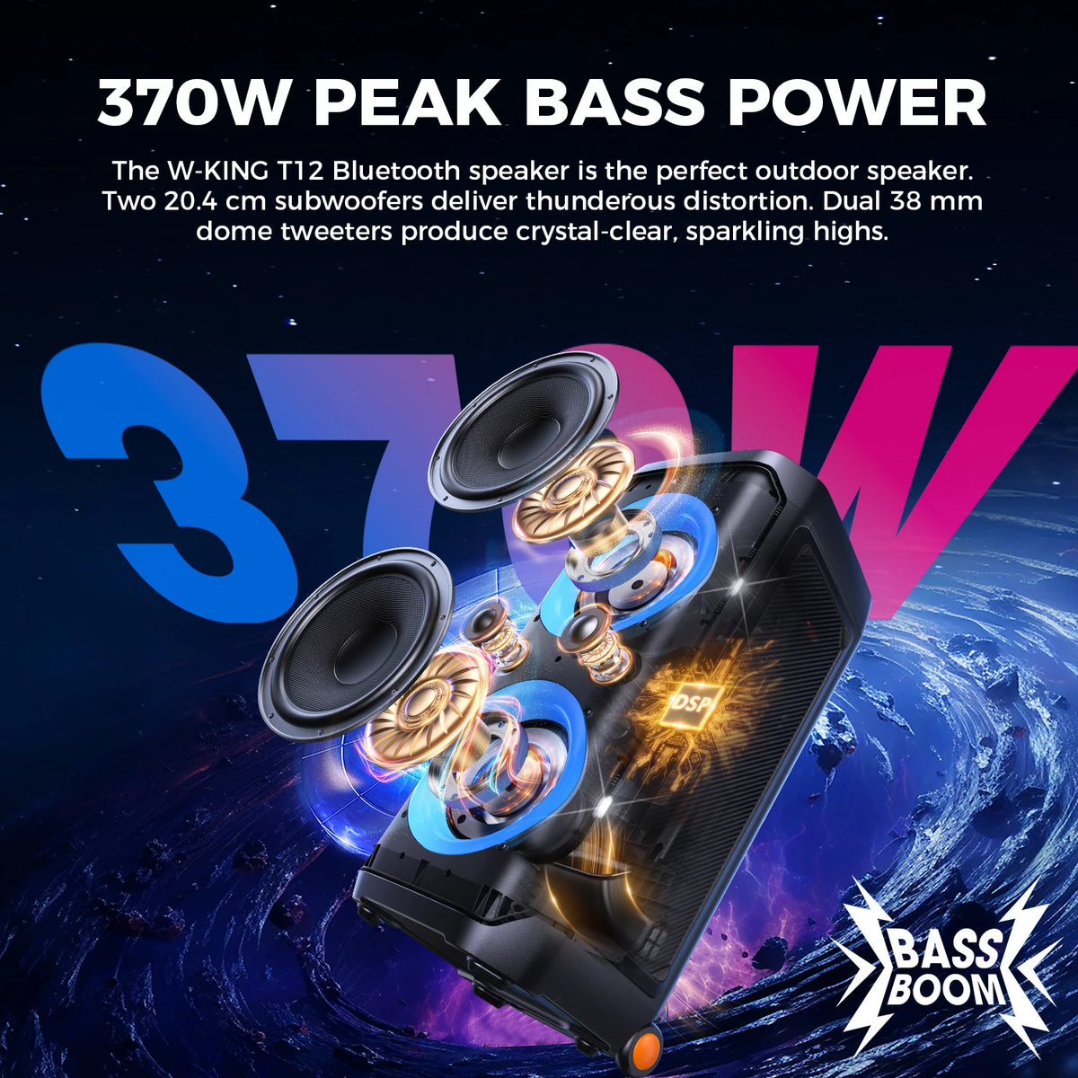 W-KING T12 Portable Bluetooth Speaker With 370W Max Pro Sound