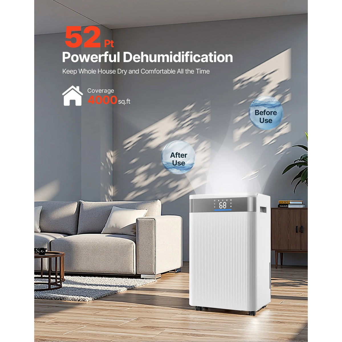 SucceBuy 52 Pint Smart Dehumidifier with Drain Hose Low Noise